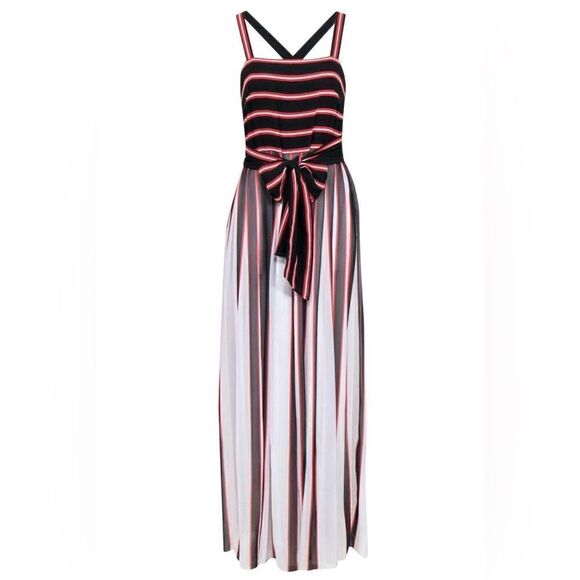 W by Worth Black White Red Vertical Flowy Stripe Maxi Tank Statement Dress - Picture 1 of 16